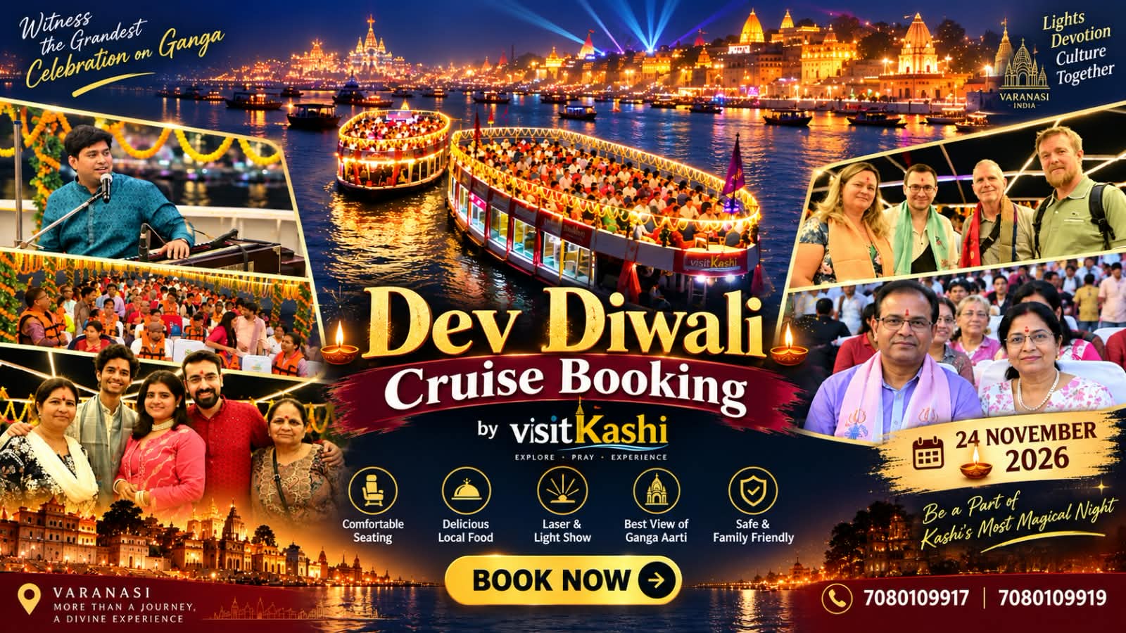 Dev Diwali 2026 cruise booking promotional collage with illuminated ghats and guests