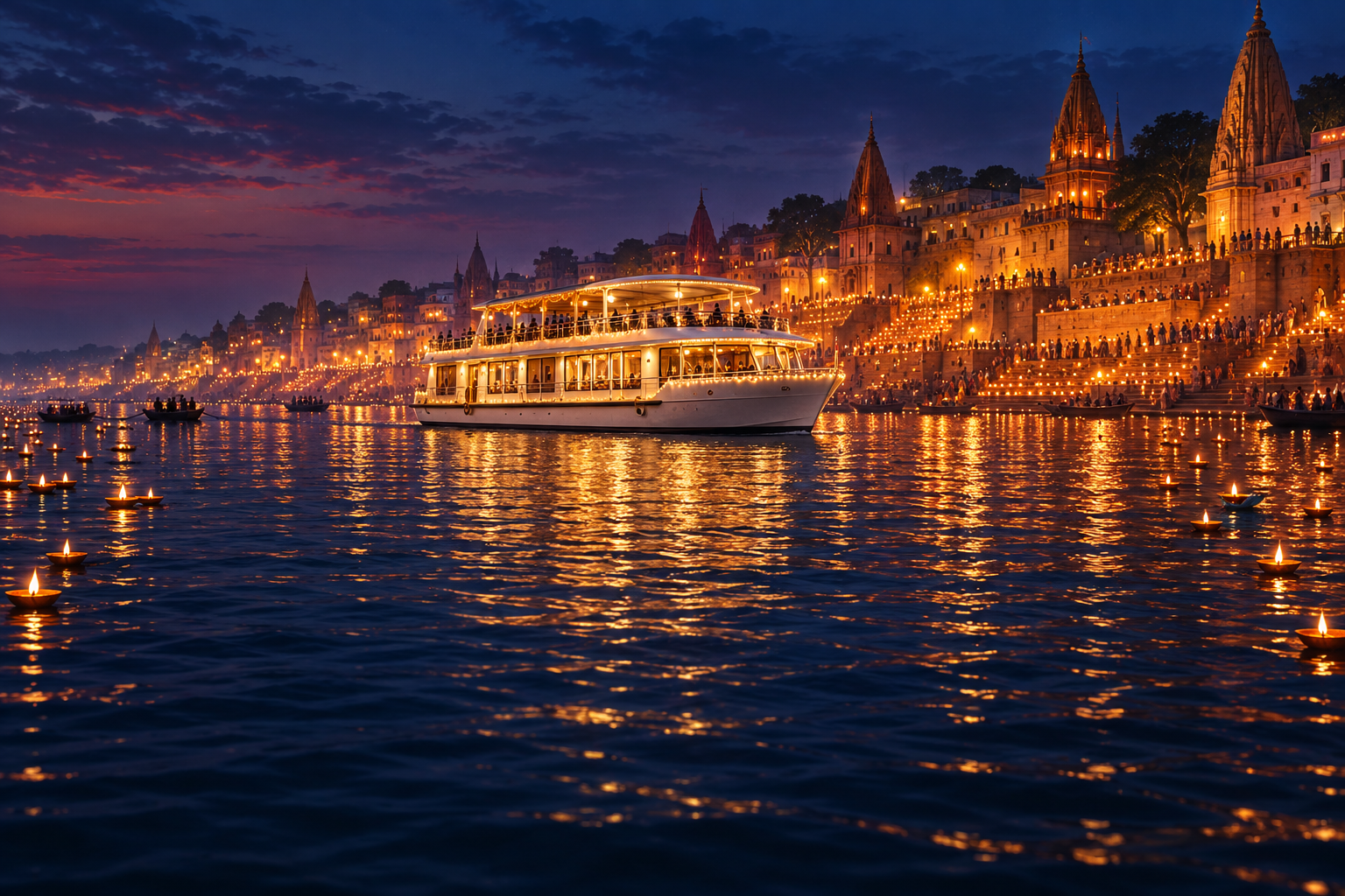 Artistic impression of a cruise on the Ganga beside illuminated Varanasi ghats