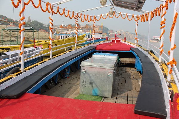 Seating inside a decorated wooden boat