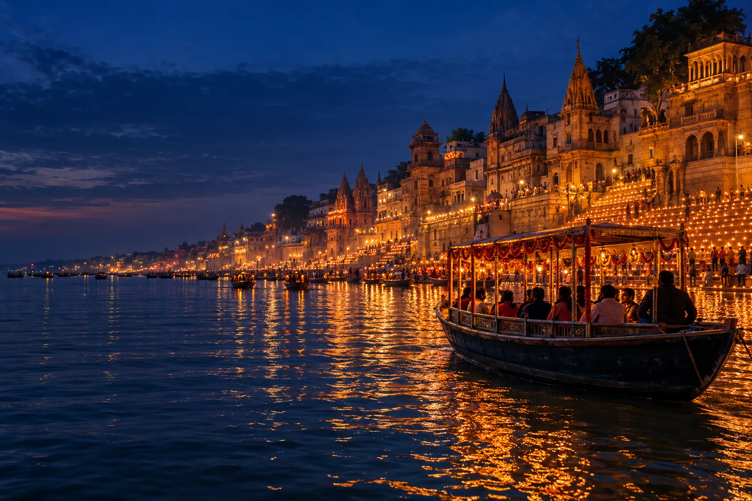 Illustration of a Dev Deepawali boat beside illuminated Varanasi ghats