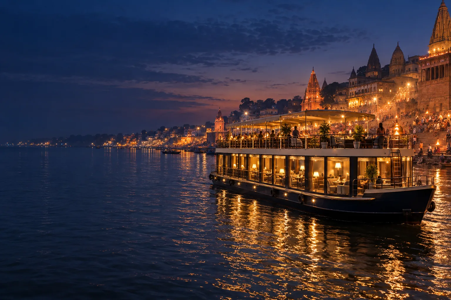 Illustration of a luxury river cruise during Dev Deepawali on the Ganga