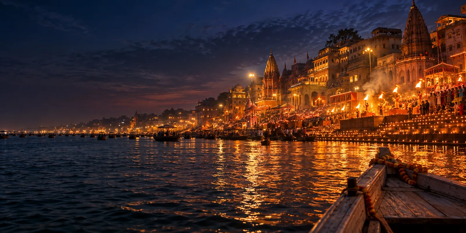 Illustration of the illuminated Varanasi ghats viewed from a boat on Dev Diwali