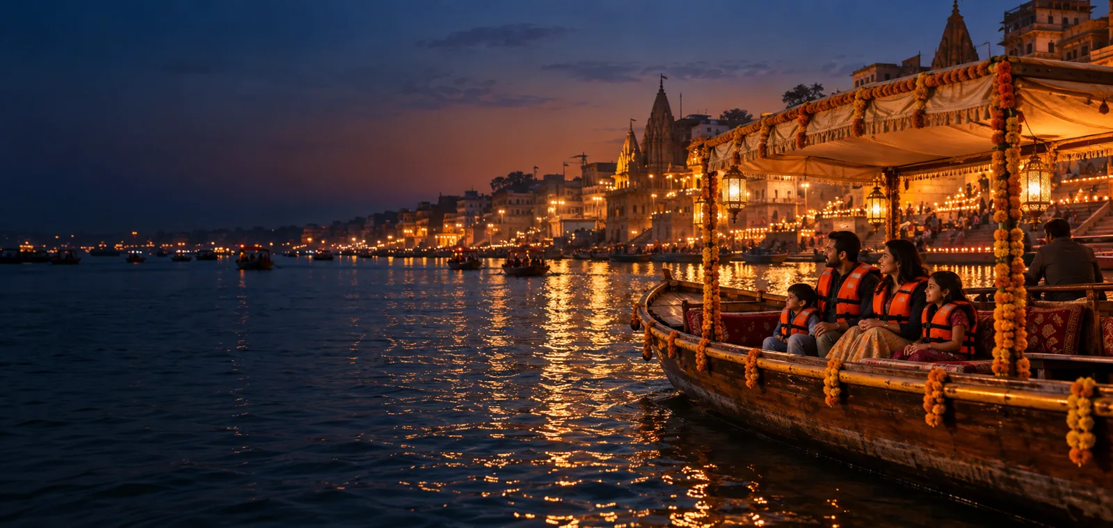 Illustration of a private family boat ride during Dev Diwali in Varanasi