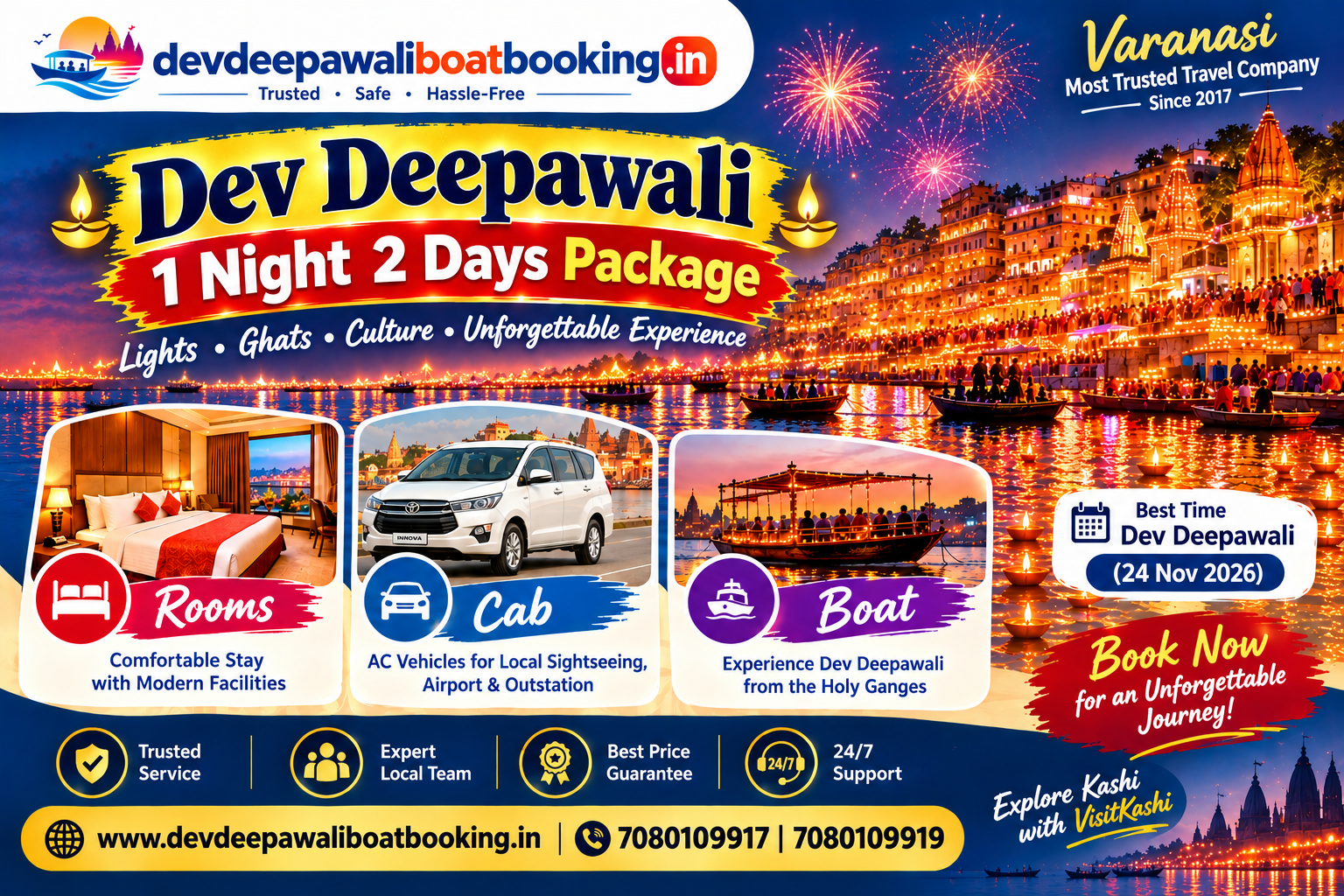 Dev Deepawali 1 Night 2 Days Package in Varanasi with rooms, cab and boat — 24 November 2026. Call 7080109917 or 7080109919 to book.