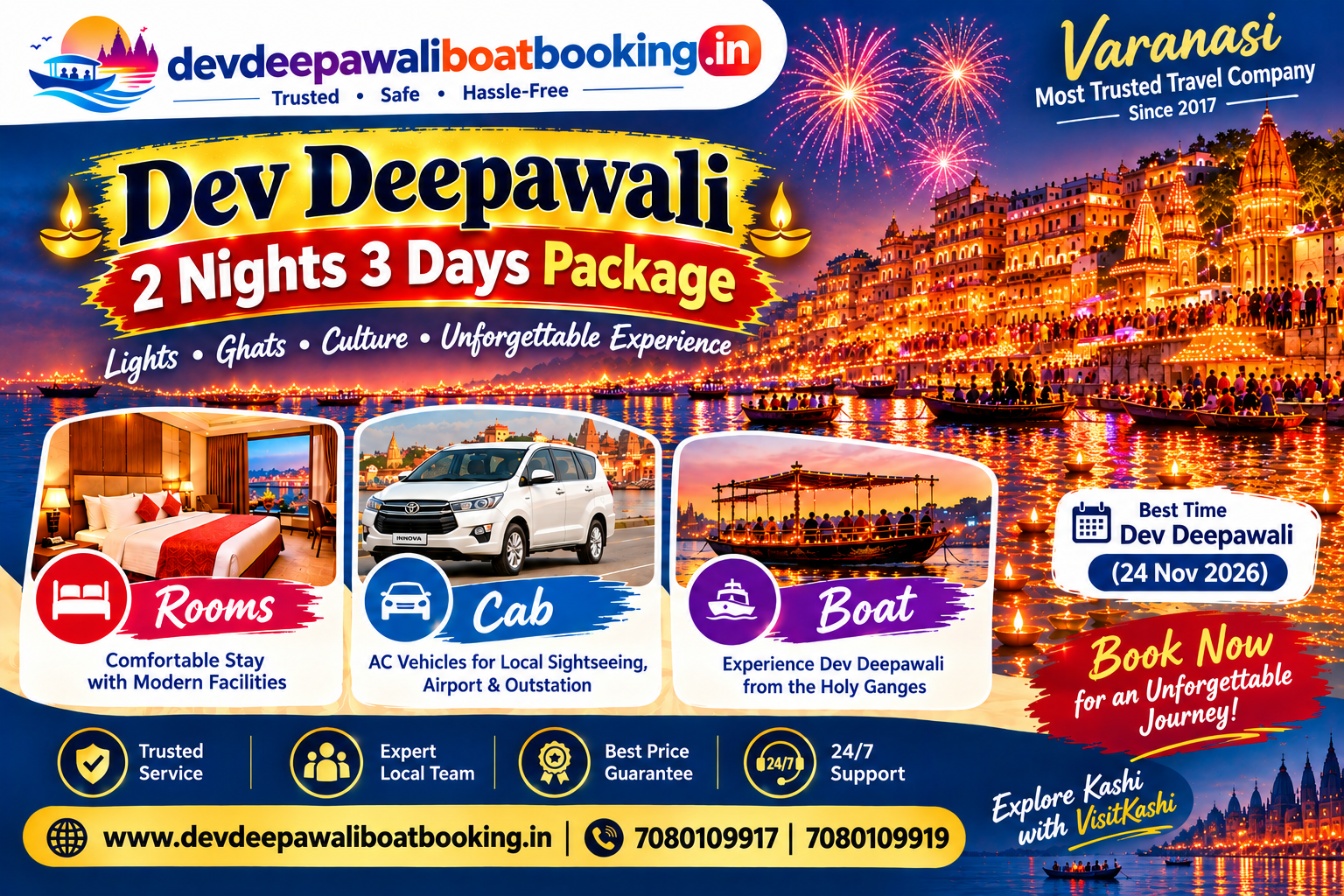 Dev Deepawali 2 Nights 3 Days Package in Varanasi with rooms, cab and boat — 24 November 2026. Call 7080109917 or 7080109919 to book.