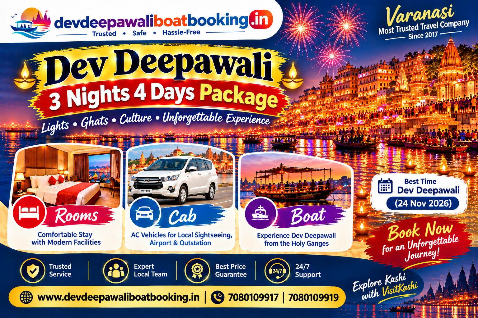 Dev Deepawali 3 Nights 4 Days Package in Varanasi with rooms, cab and boat — 24 November 2026. Call 7080109917 or 7080109919 to book.