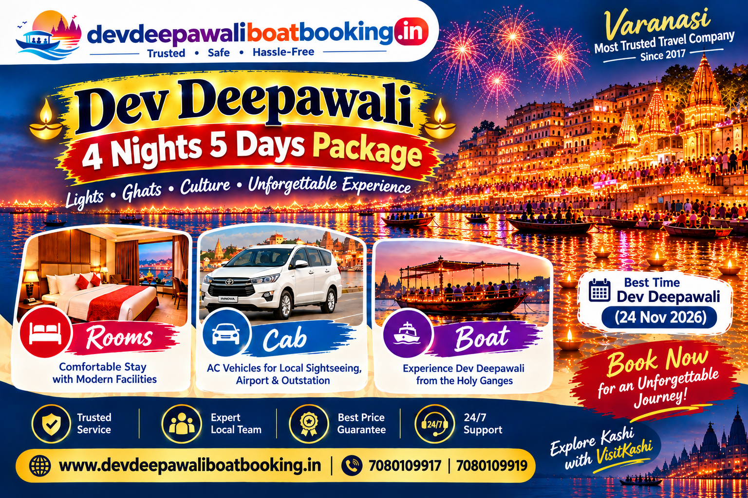 Dev Deepawali 4 Nights 5 Days Package in Varanasi with rooms, cab and boat — 24 November 2026. Call 7080109917 or 7080109919 to book.