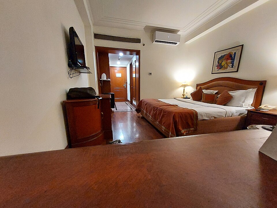 Example hotel room with a double bed