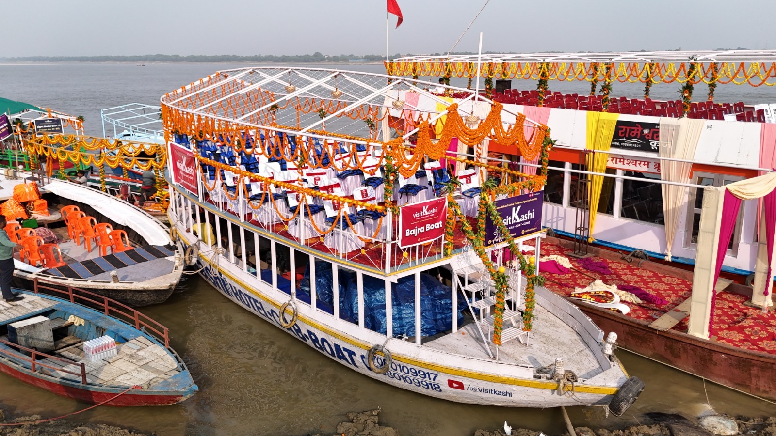 Bajra boat exterior decorated with marigold garlands