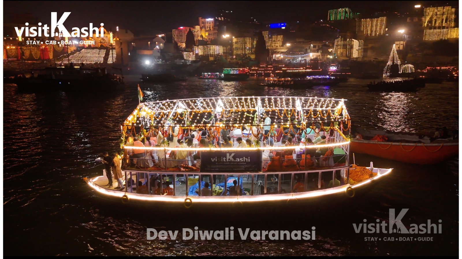 Bajra boat illuminated at night for Dev Deepawali
