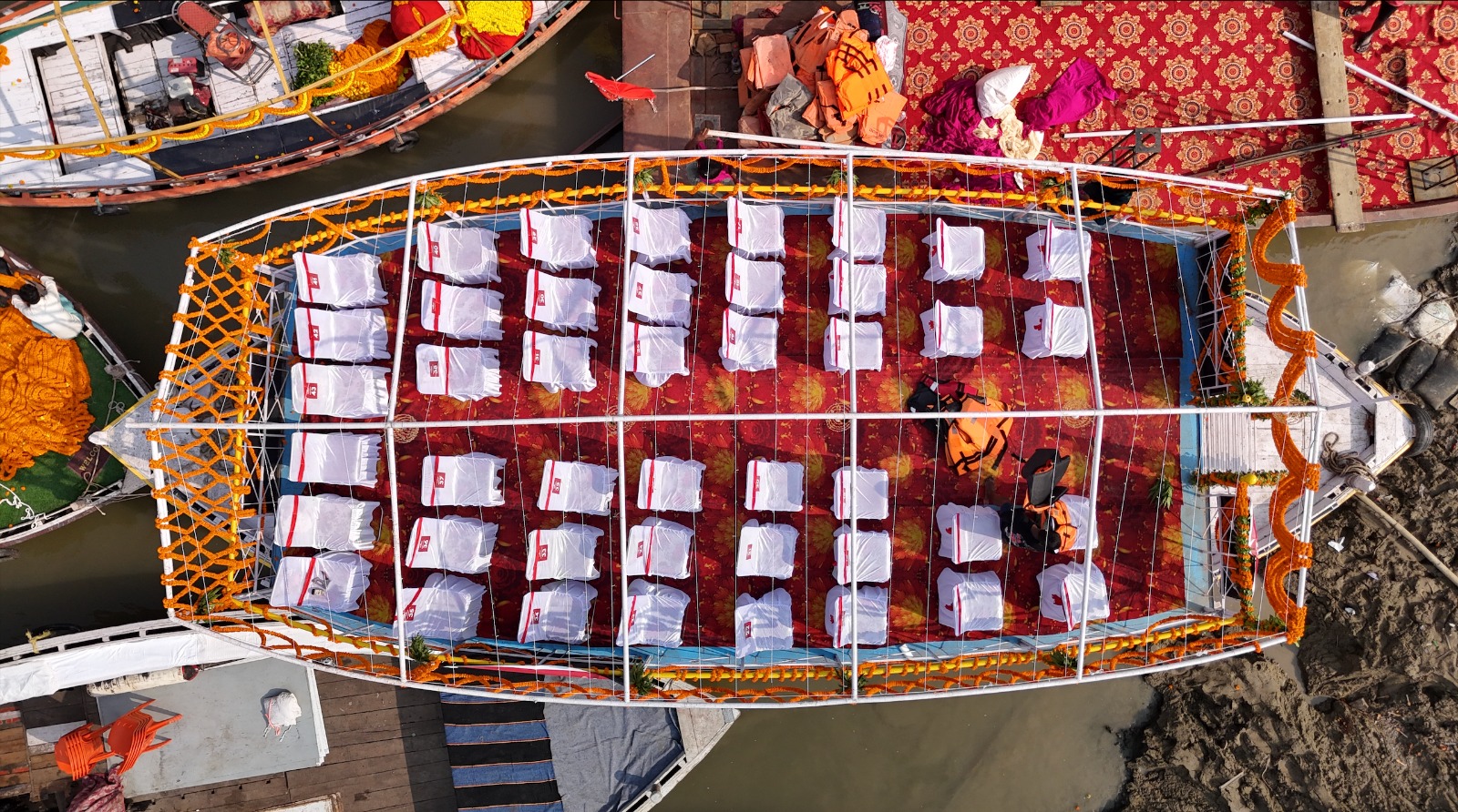 Overhead view of a Bajra boat deck