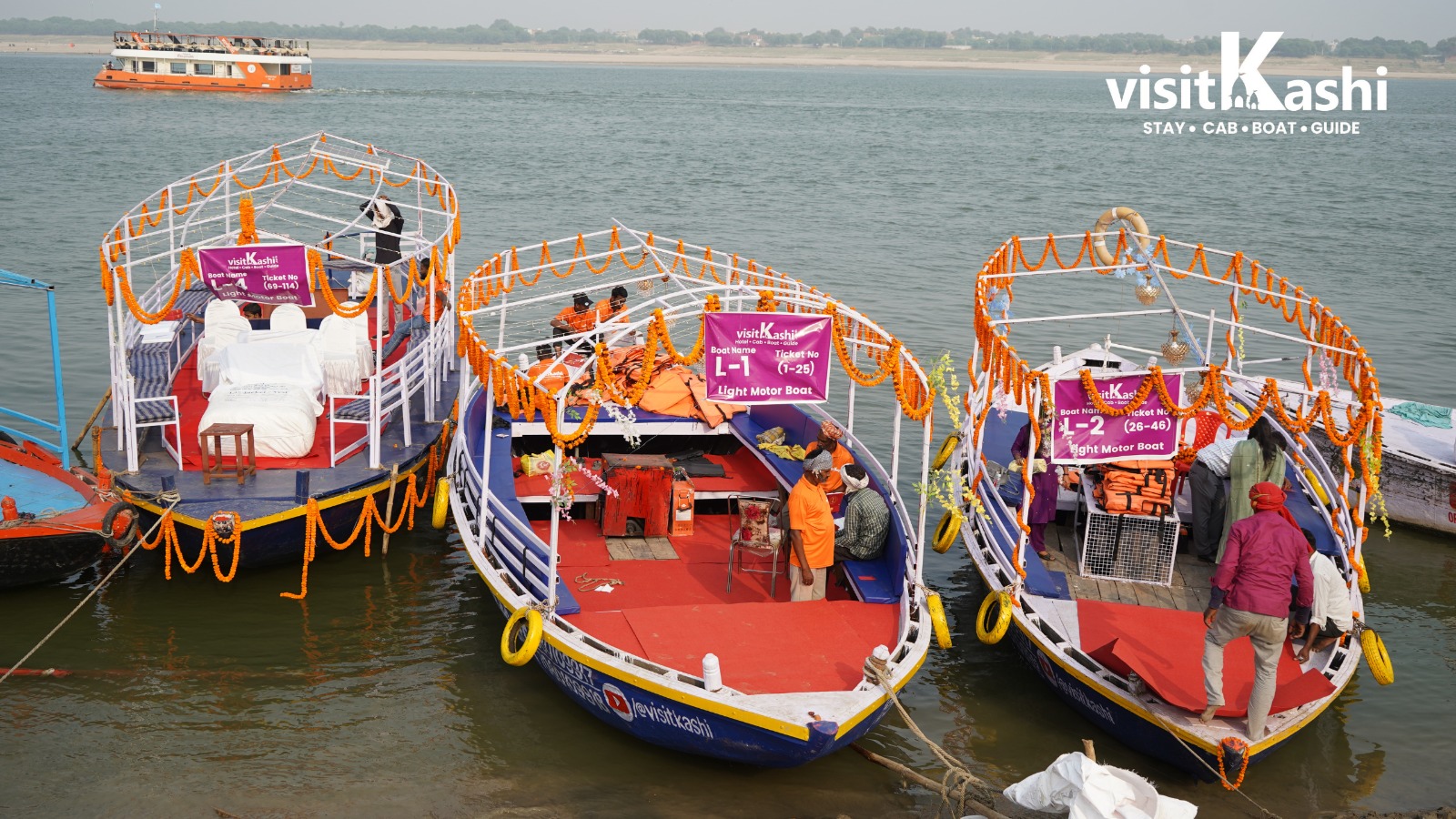 Light Motor Boats L-1, L-2 and L-4 decorated with marigold garlands