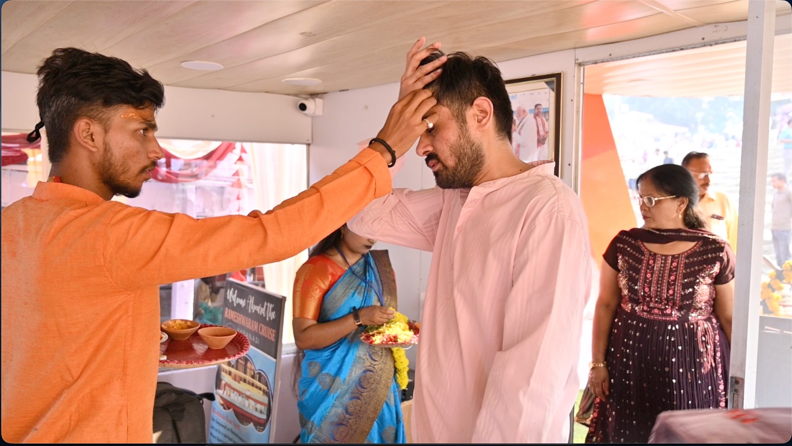 Luxury cruise deck decorated for Dev Deepawali